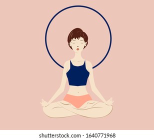 White young woman, sitting in the lotus pose. Healthy lifestyle and yoga concept. Flat cartoon vector illustration for meditation, recreation and Yoga Day. Isolated on light pink background.