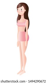 White young woman in underwear in a half-turn. Full length character