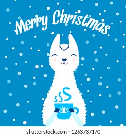White yutnaya Christmas lama with a mug of hot tea on a blue background with snow and the inscription happy Christmas. vector illustration.