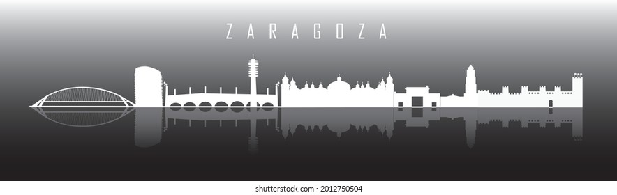 White Zaragoza skyline on black with reflection