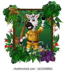 White Zebra In Forest With Tropical Plant Flower Cartoon