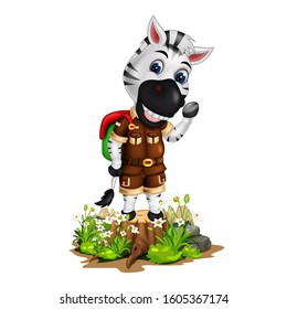 White Zebra With Red Backpack With Wood Tree, White Flower, And Rocks Cartoon