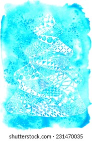 White zentangle christmas tree on blue watercolor background