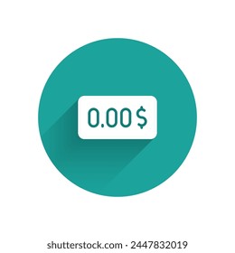 White Zero cost icon isolated with long shadow. Empty bank account. Green circle button. Vector