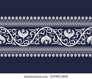 White zig zag floral lace border pattern stripe on denim blue background for decorations, fabric prints, table runner, and orhter prints