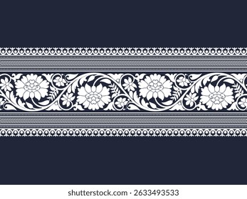 White zig zag floral lace border pattern stripe on denim blue background for decorations, fabric prints, table runner, and other prints