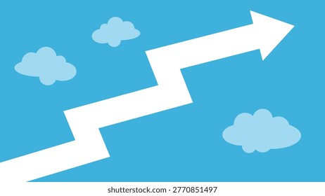 White Zigzag Arrow Rising in Blue Sky with Clouds Representing Growth, Progress, and Optimistic Business Success