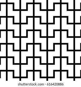 White zigzag shaped blocks on black background. Repeated figures wallpaper. Seamless surface pattern design with polygons. Mosaic motif. Digital paper for page fills, web designing. Vector art.
