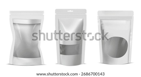White zip bag, paper bag with transparent insert window vector 3D illustrations set. Realistic closed empty kraft pouch doy-pack package mockup design for takeaway products isolated