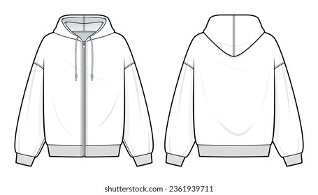 white Zipper Hoodie technical fashion illustration. hoodie vector template illustration. front and back view. oversized. drop shoulder, Zipper front opening. unisex. white color. CAD mockup set.