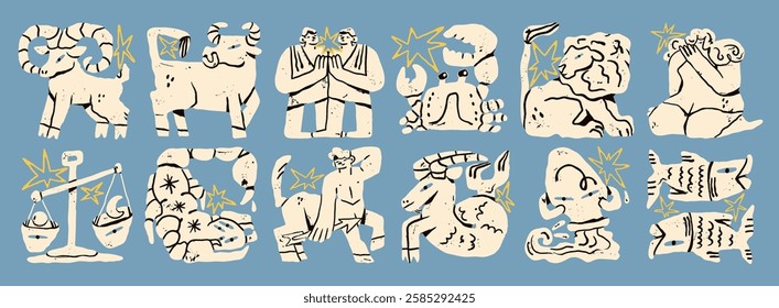 White zodiac signs. Aries, Taurus, Leo, Gemini, Virgo, Scorpio, Libra, Aquarius, Sagittarius, Pisces, Capricorn, Cancer. Cartoon unique modern style. Hand drawn isolated Vector illustrations