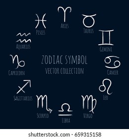 White zodiac symbols vector set, collection of hand painted astrology signs. Aries, Taurus, Gemini, Cancer, Leo, Virgo, Libra, Scorpio, Sagittarius, Capricorn, Aquarius, Pisces icons isolated on dark.