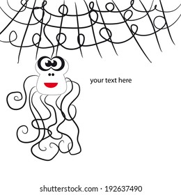 white-and-black background with spiderweb and cartoon spider