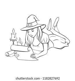 A white-and-white depiction of Halloween witches.