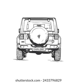 A white-backgrounded line art vector illustration of an off-road vehicle.