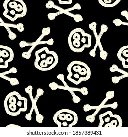 White-beige skull and bones isolated on black background. Cute monochrome seamless pattern. Vector flat graphic hand drawn illustration. Texture.