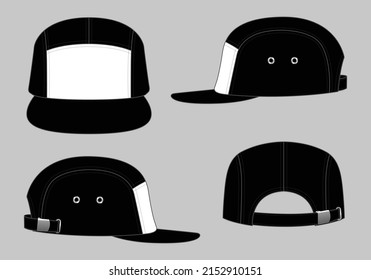 White-Black 5 Panels Cap With Flat Brim Cap And Adjustable Metal Buckle Strap Back Template On Gray Background, Vector File