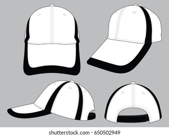White-Black Baseball Cap With An Adjustable Hook-Loop Closure Design on Gray Background, Vector File.