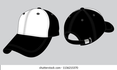 White-Black Baseball Cap With Adjustable Metal Buckle Closure Strap Design on Gray Background, Vector File.