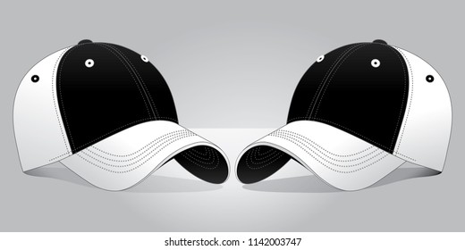 White-Black Baseball Cap Design On Gray Backgriund, Vector File.