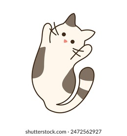 White-black cat lying on his back. Cute face. Kawaii domestic Kitten with whiskers and tail. Funny Pet. Feline animal. Isolated Character for Children. Colored Vector illustration with stroke