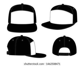 White-Black Hip Hop Cap With 7 Panel Cap and Adjustable Snap Back Closure Strap Design on White Background, Vector File.