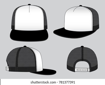 White-black hip hop cap with mesh at side and back panels, adjustable snap back closure strap design on gray background, vector file.