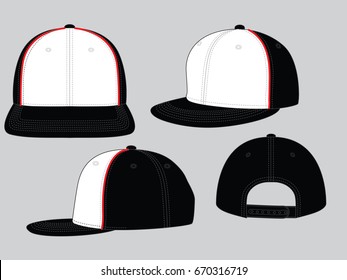 White-Black Hip Hop Cap With Red Piping, Adjustable Snap Back Closure Strap Design on Gray Background, Vector File.