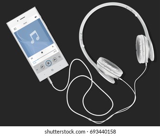 white-black phone with the switched-on earphones