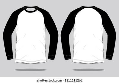 White-Black Raglan Long sleeve T-Shirt Design on Gray Background.Front and Back View, Vector File