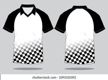 White-Black Raglan Soccer Jersey With Checkered Pattern Graphic Line Design On Gray Background.
Front And Back View, Vector File.