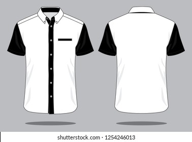 White-Black Short Sleeve Technician Shirt and One Pocket Design Vector.Front and Back View.