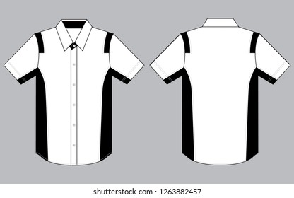 White-Black Short Sleeve Technician Shirt and One Pocket Design Vector.Front and Back View.