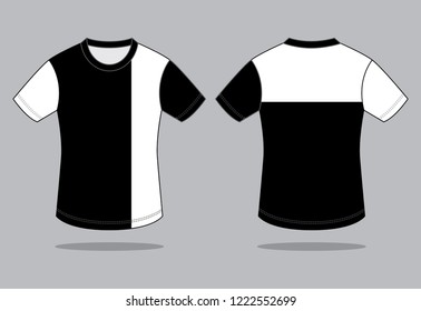 White-Black Short Sleeve T-Shirt Design on Gray Background.Front and Back View, Vector File