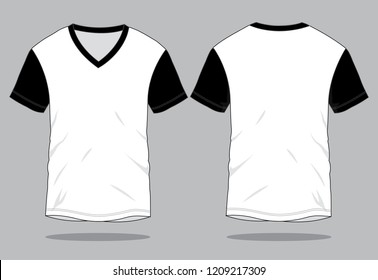 White-Black Short Sleeves V-Neck Design on Gray Background. Front and Back Views, Vector File.