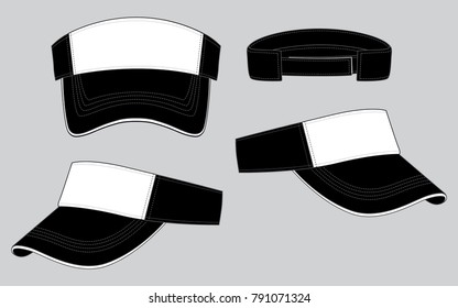 White-black sun visor cap with hook and loop strap back design on gray background, vector file.