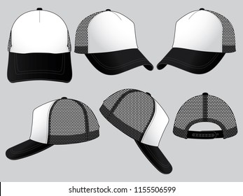 White-Black Trucker Baseball Cap  With Mesh at Side and Back Panel, Adjustable Snap Back Strap Closure Design on Gray Background.