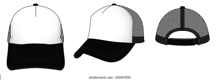 White-black trucker cap with mesh at side and back panel, adjustable with hook and loop closure strap back design on gray background, vector file.