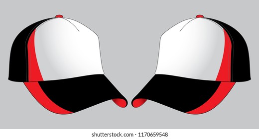 White-Black-Red Trucker Cap Design on Gray Background. Vector File. 