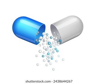 white-blue capsule on a white background. Painkillers, antibiotics, vitamins, amino acids, minerals, bio active additive, sports nutrition. Icons of medicament. Medical illustration 