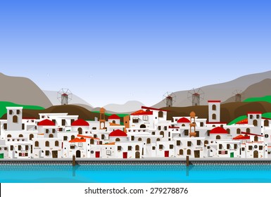 white-blue cartoon city - view of caldera with domes. Vector