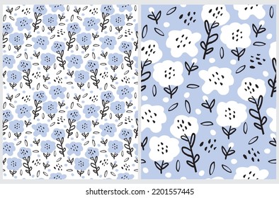 White-Blue Flowers Print. Cute Delicate Hand Drawn Floral Vector Seamless Pattern. Daisy Flowers on a Baby Blue and White Background. Abstract Garden Repeatable Design ideal for Fabric, Textile.