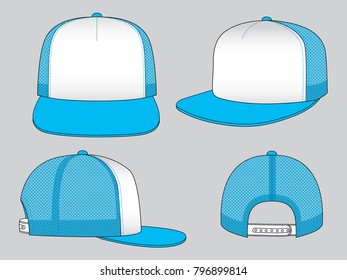 White-blue hip hop cap with mesh at side and back panels, adjustable snap back closure strap design on gray background, vector file.