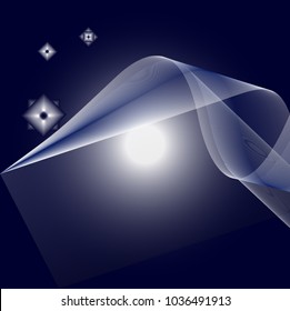 white-blue lines form, squares and wavy lines on a dark blue gradient background