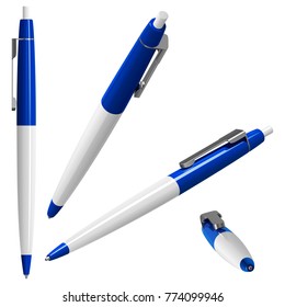 White-blue plastic ballpoint pen with metal clip and button, in different angles, on a white background