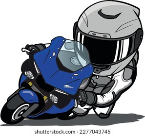 White-Blue Racer Riding Sport Motorcycle lead in curve with speed Cartoon Mascot