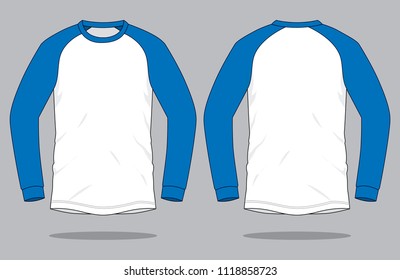 White-Blue Raglan Long sleeve T-Shirt Design on Gray Background.Front and Back View, Vector File