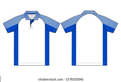 White-Blue Raglan Slope Shoulder Stripe Polo Shirt Design Vector.
Front and Back View.