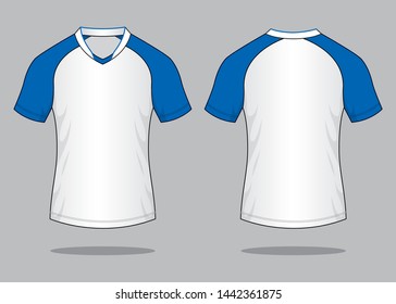 White-Blue Raglan Soccer Shirt Design On Gray Background.
Front And Back View, Vector File.