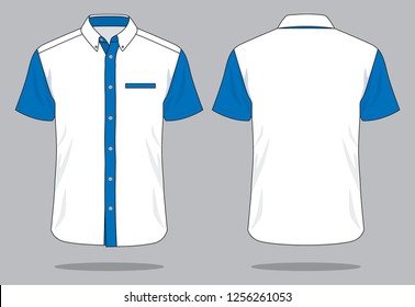 White-Blue Short Sleeve Technician Shirt and One Pocket Design Vector.Front and Back View.